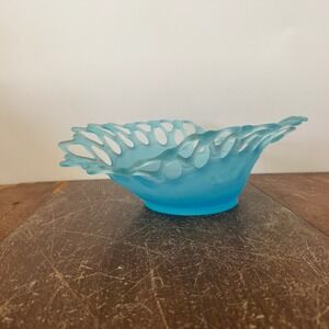Vintage Blue Satin Frosted Glass Reticulated Open Lace Lattice Edge Bowl MCM